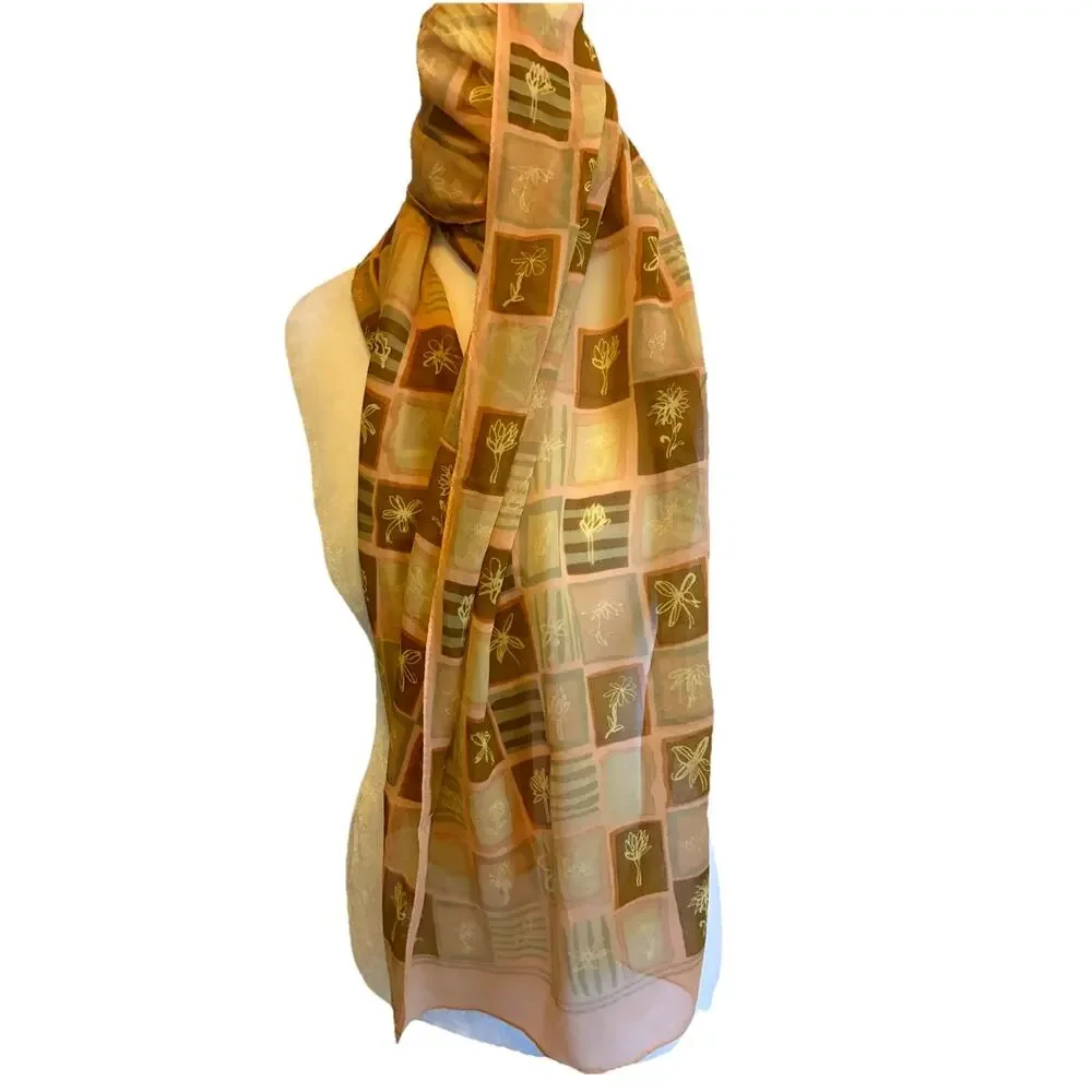 VTG Silk Chiffon Scarf Abstract Geometric Floral Designer Luxury Sheer Elegant